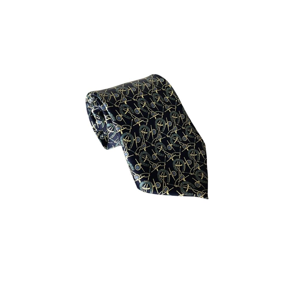 Mercedes Tie Myung Ju Silk Horse Shoes and Bit Equestrian Motif Blue Handmade